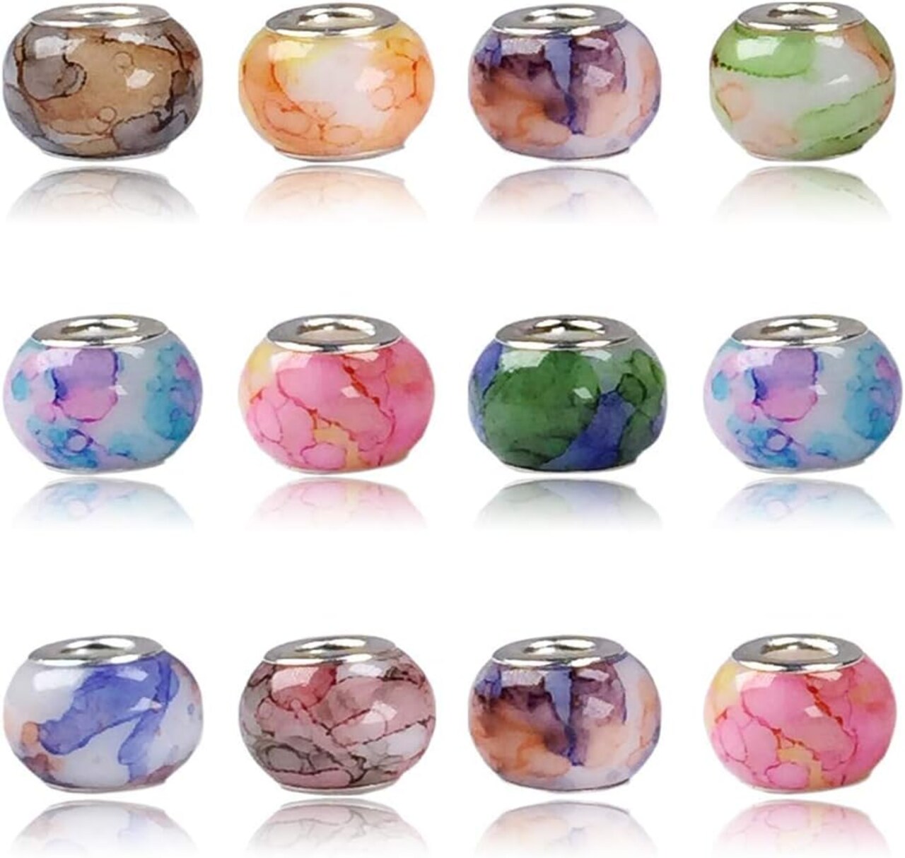 100pcs 15x11mm Large Hole Murano Glass Beads – Mixed Colors with Silver Brass Cores, European-Style Charm Beads for Bracelets & Necklaces, Watercolor Effect